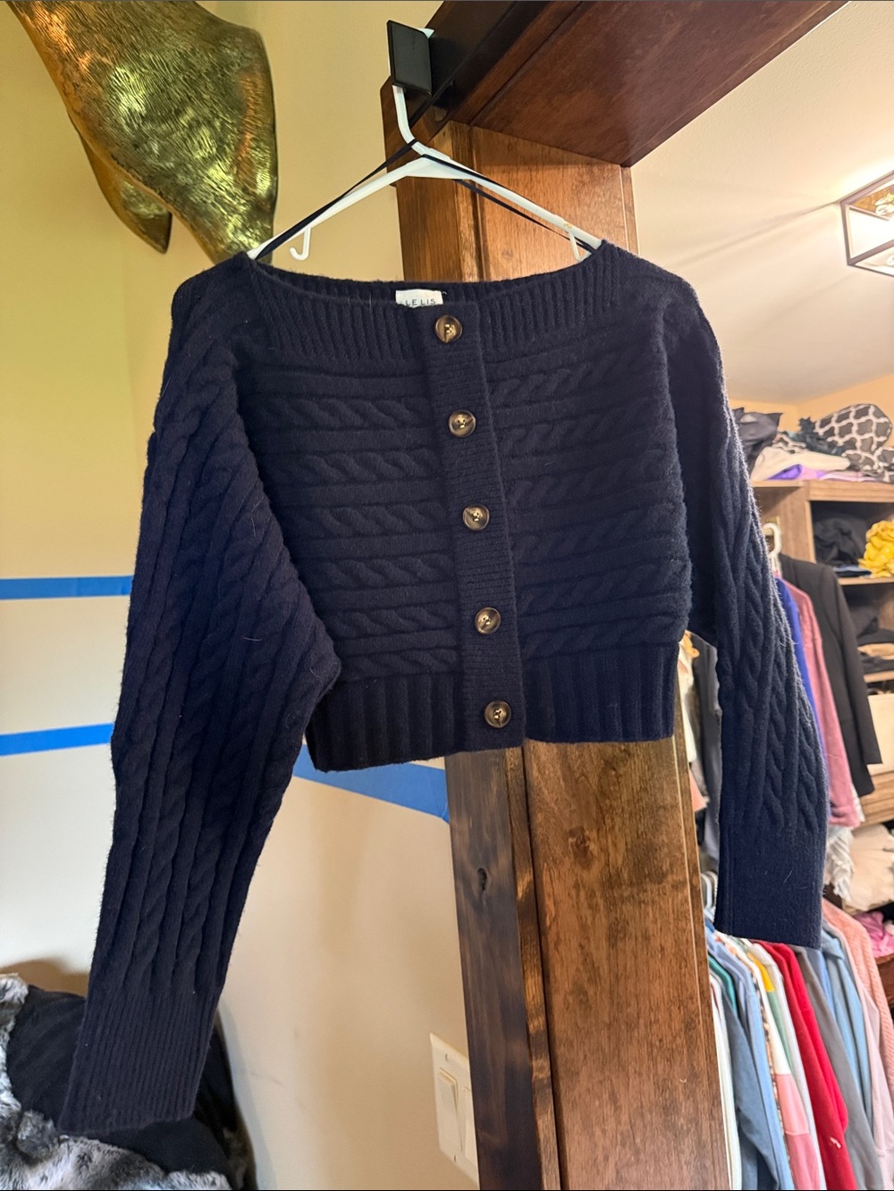 Le Lis Navy Cropped Cable-Knit Button-Front Cardigan